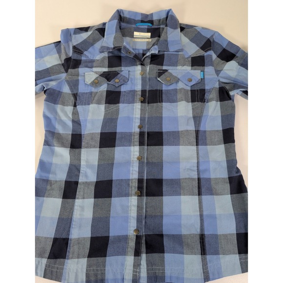 Columbia Blouse Womens Medium Shirt Blue Plaid Pockets Long Sleeve Outdoor - Picture 8 of 11